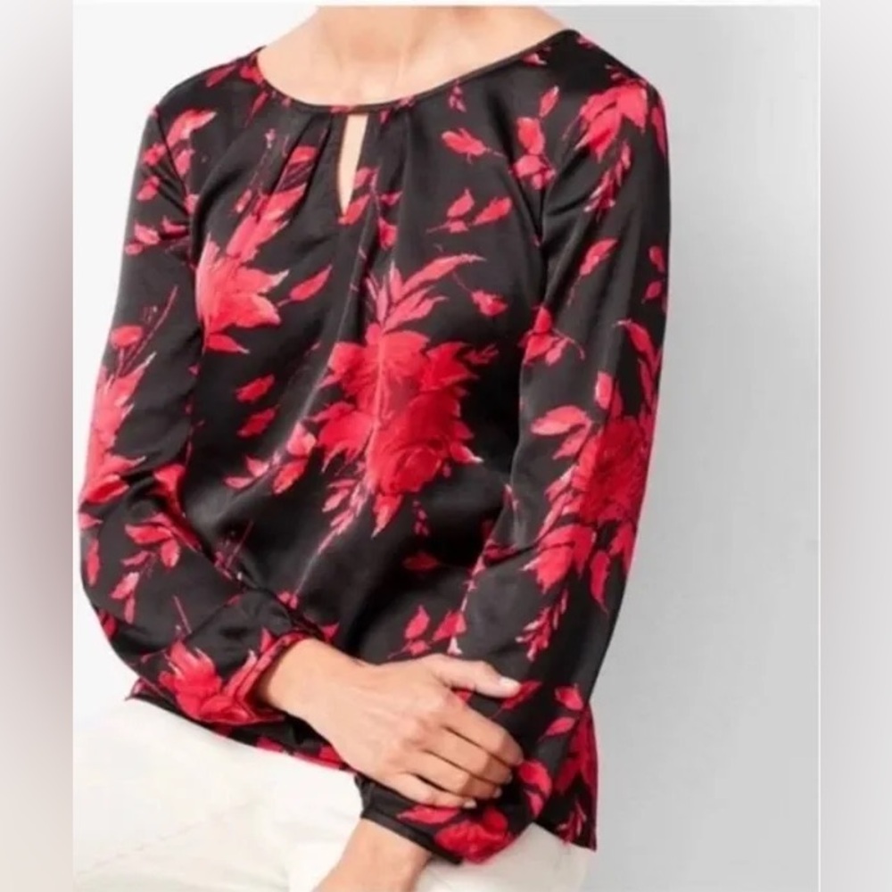 Talbots black blouse with red rose print long sleeves size Large